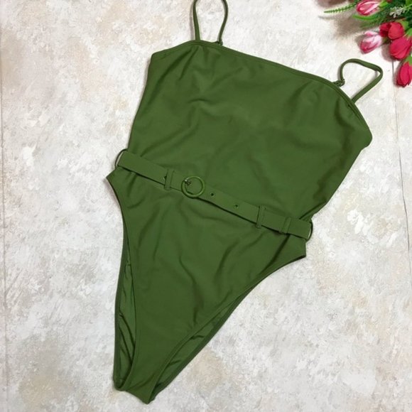 F21 Olive Green Belted High Leg One Piece Swimsuit - Picture 15 of 16